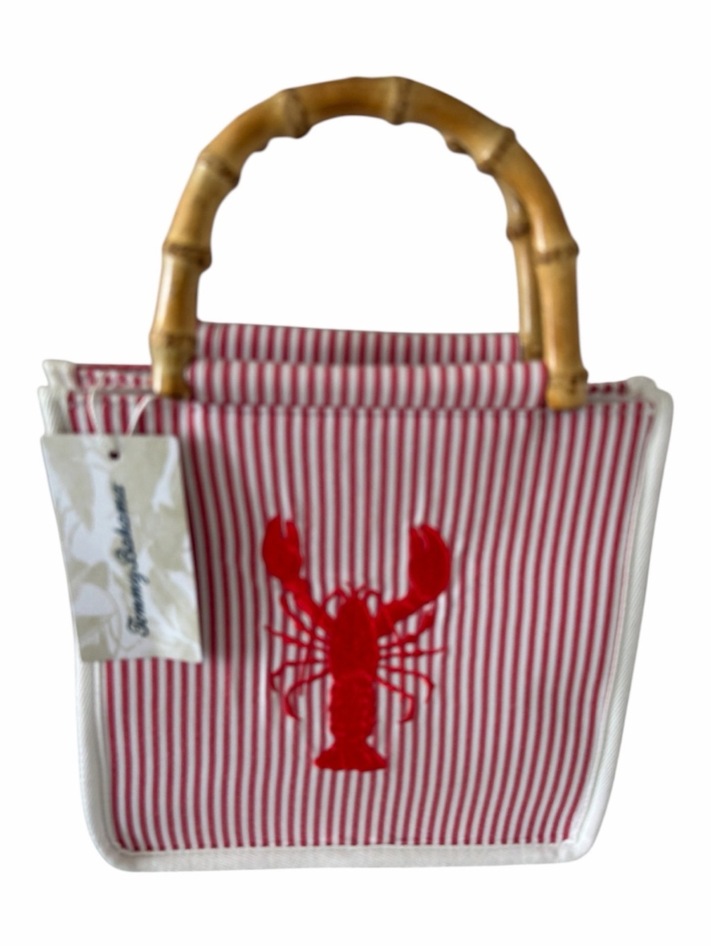 Tommy  Bahama  Lobster Tote  Bag Bamboo Handle Red White Stripe Bag Purse NWT